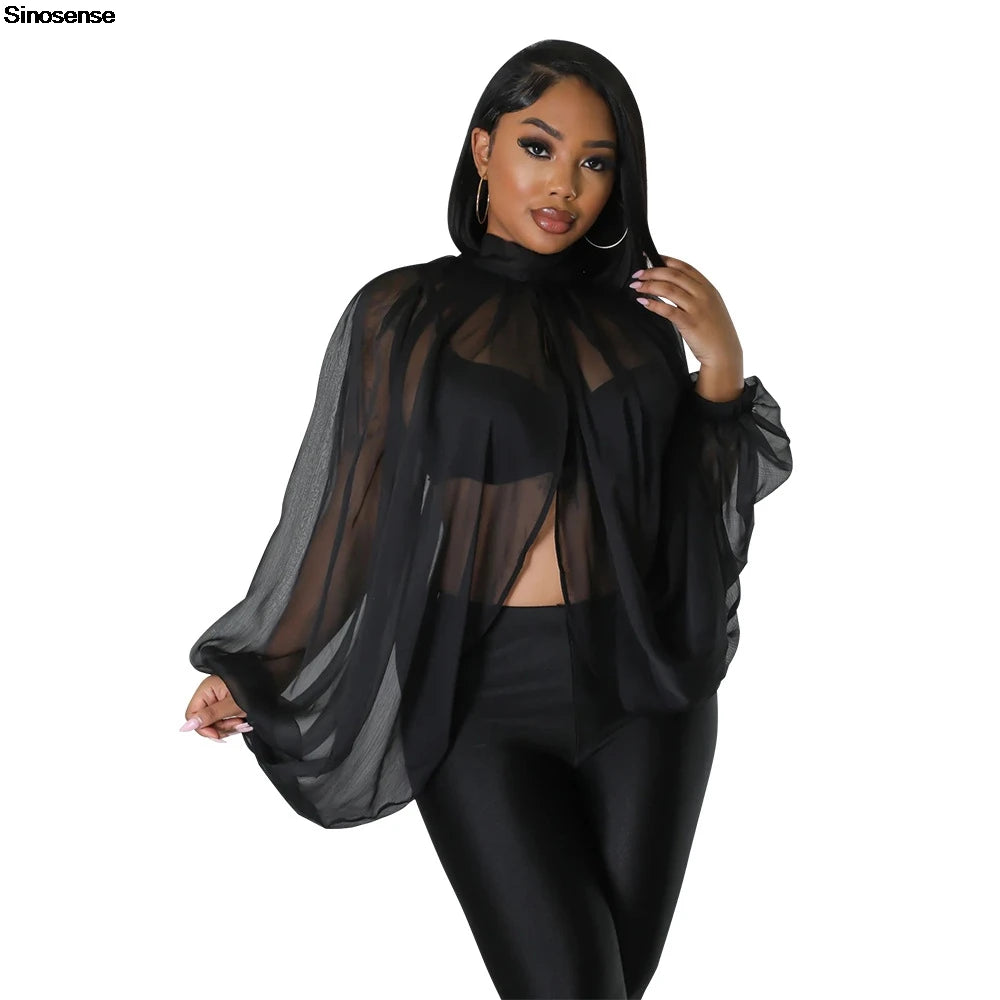 Sheer Lantern Sleeve Blouse with Tie Back for Women