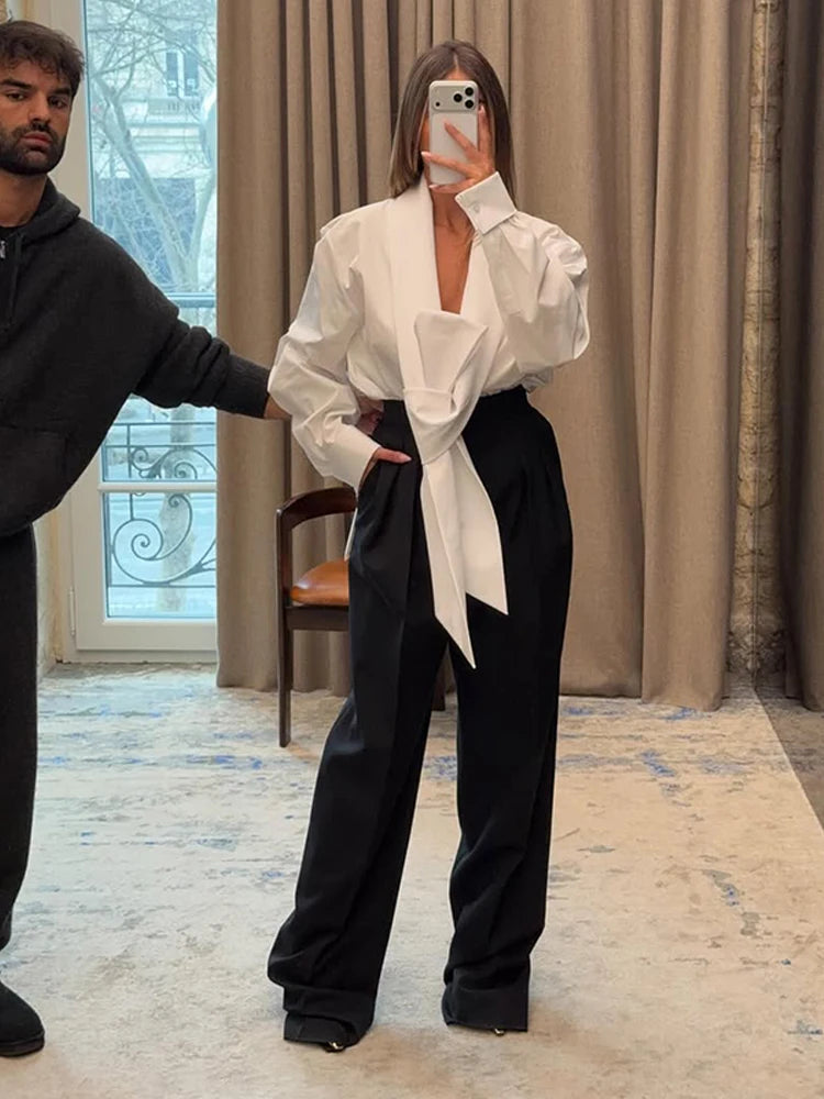 Elegant Bow Detail Pleated Long Sleeve V Neck Blouse for Women