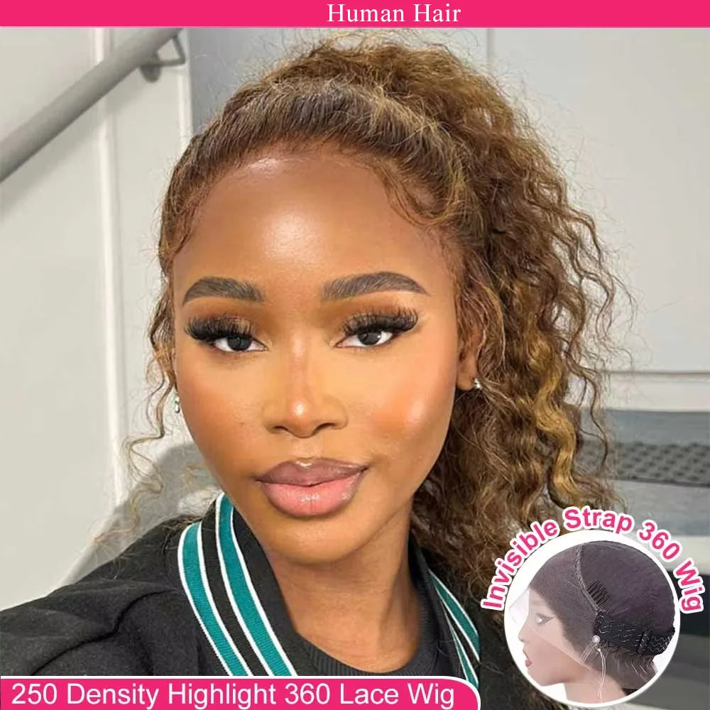 Honey Blonde Highlight Deep Wave Glueless Lace Front Wig for Women