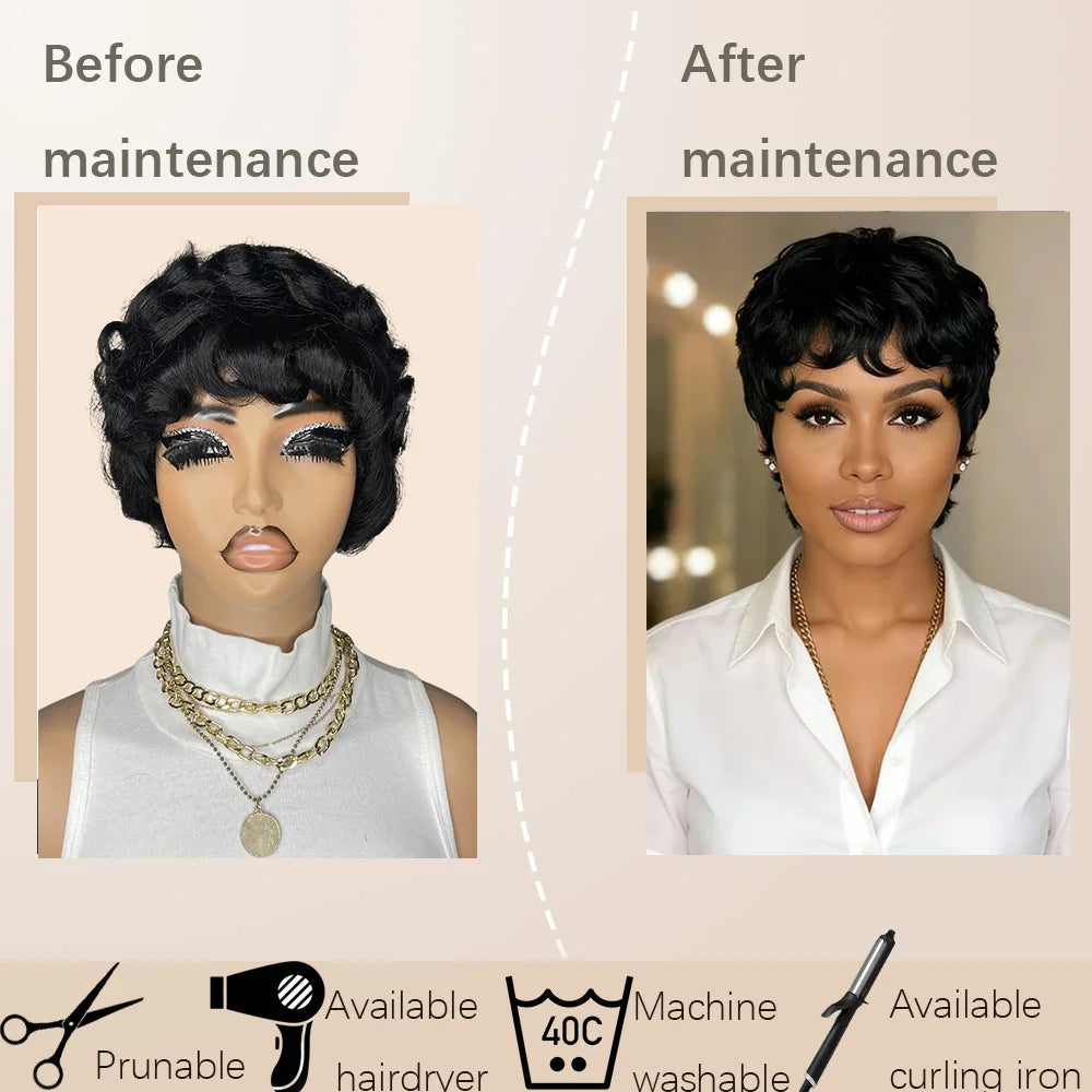 Tangle Free Soft Cap Brazilian Curly Pixie Cut Wig for Women