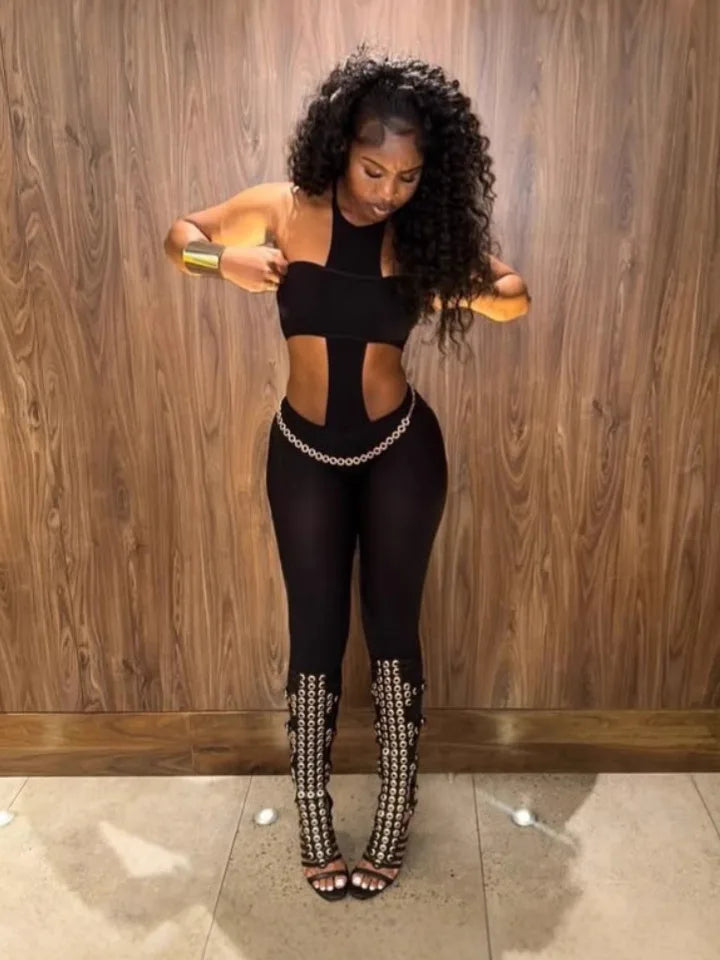 FAGADOER Y2k Sexy Two Piece Outfits Woman Halter Sleeveless Backless Crop Top and Skiny Pants Suits Female Streetwear Clothing
