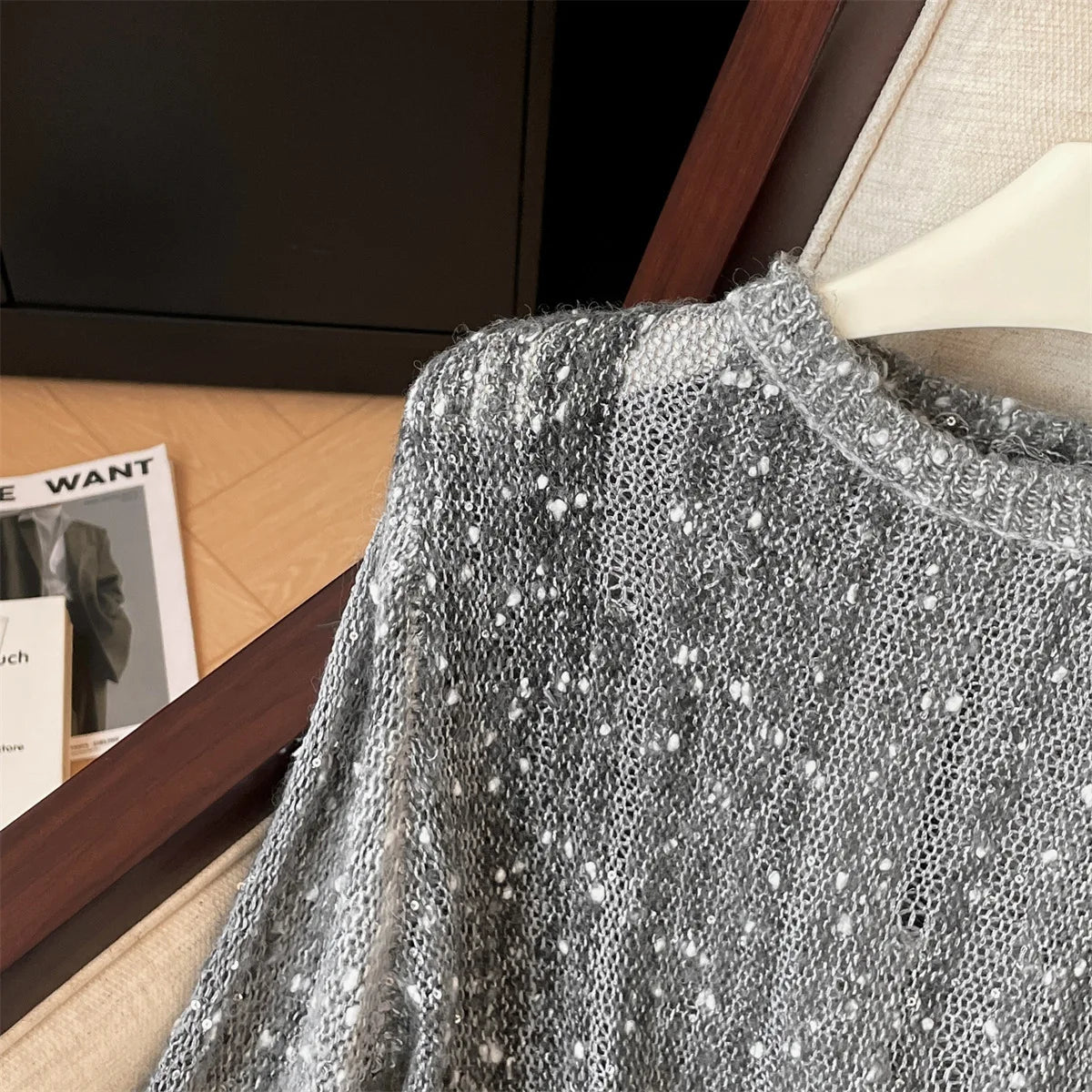 Sequin Round Neck Long Sleeve Knit Sweater for Women