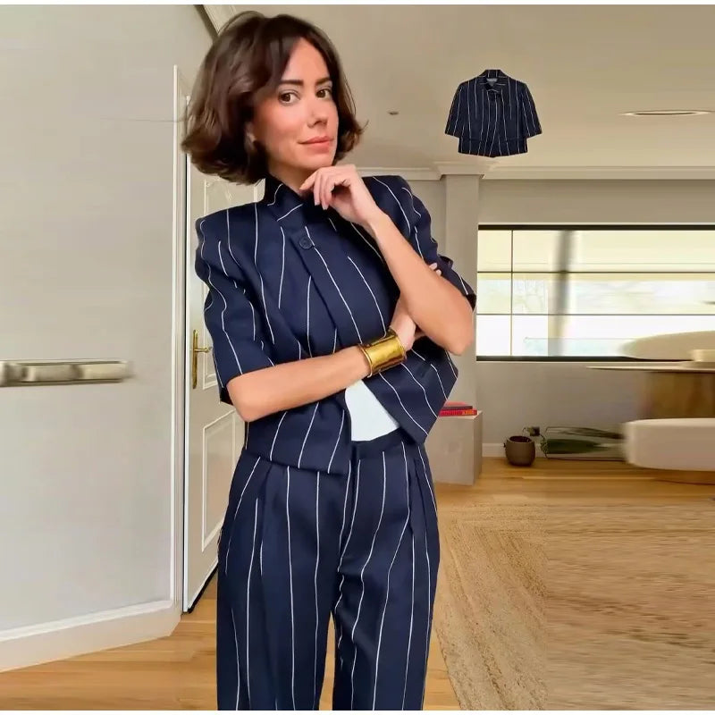 Elegant Striped Two Piece Coat and Pants Set for Women