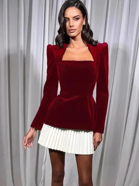 Elegant Splicing Velvet Women Pleated Skirt Chic Long Sleeved Waist Slimming Square Neck Dress Lady Party Vacation Dresses