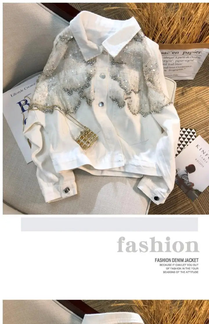 Mesh Sequined Denim Jacket for Women, Loose Coat and Stylish Top Trend for Spring 2025