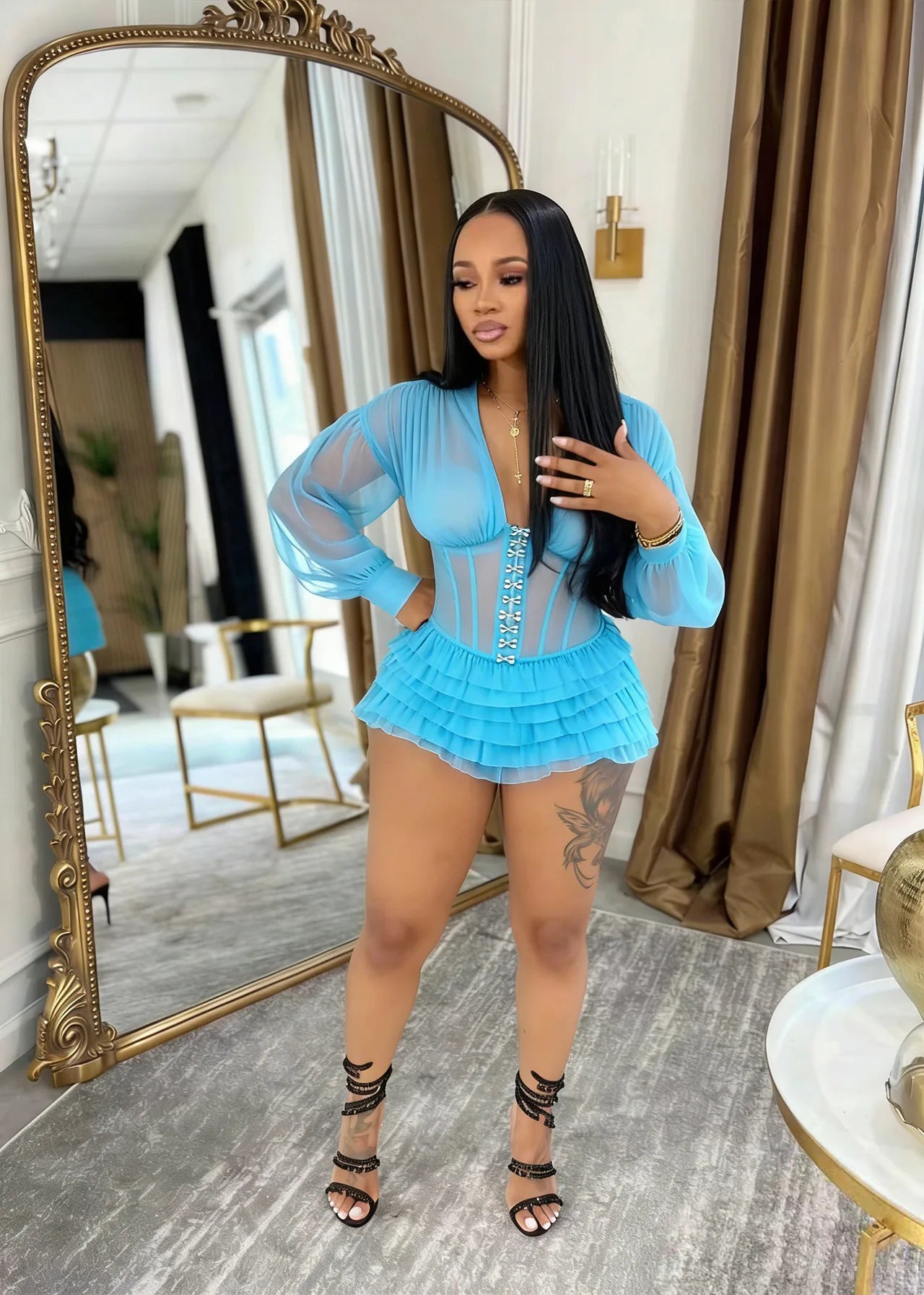Mesh Ruched Patchwork See Through Long Sleeve Bodycon Rompers for Women