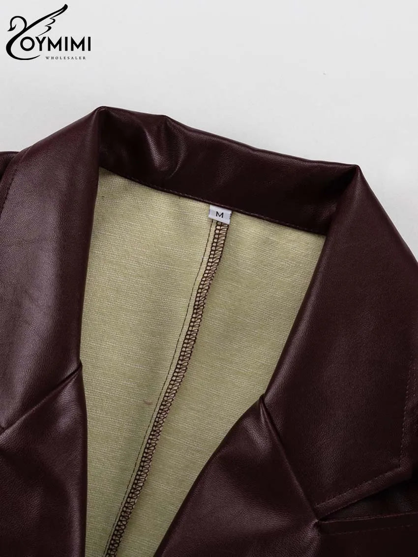 Oymimi Vintage Wine Red Pu Leather Womens 2 Piece Outfit Set Elegant Long Sleeve Lace-Up Shirts And Straight Simple Trousers Set