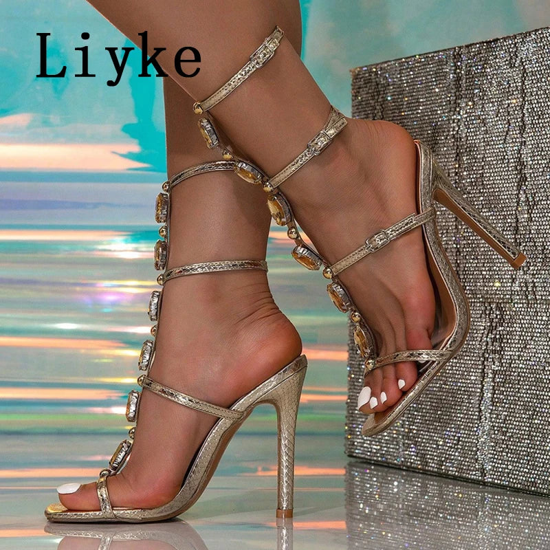 Crystal Embellished Ankle Strap Sandals With Square Toe for Women