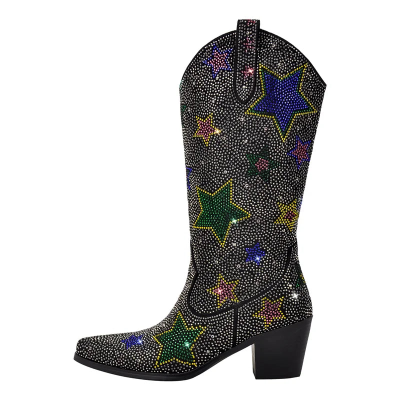 Rhinestone Lace Up Mid Calf Western Boots for Women