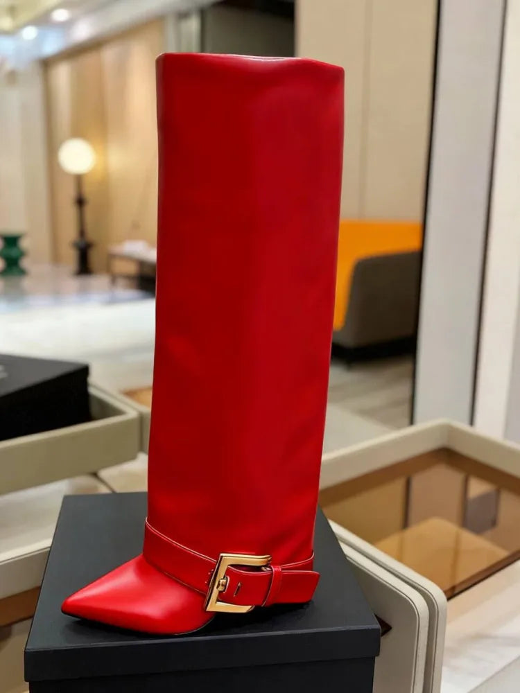 Pointed Toe Knee-High Boots With Belt Buckle for Women
