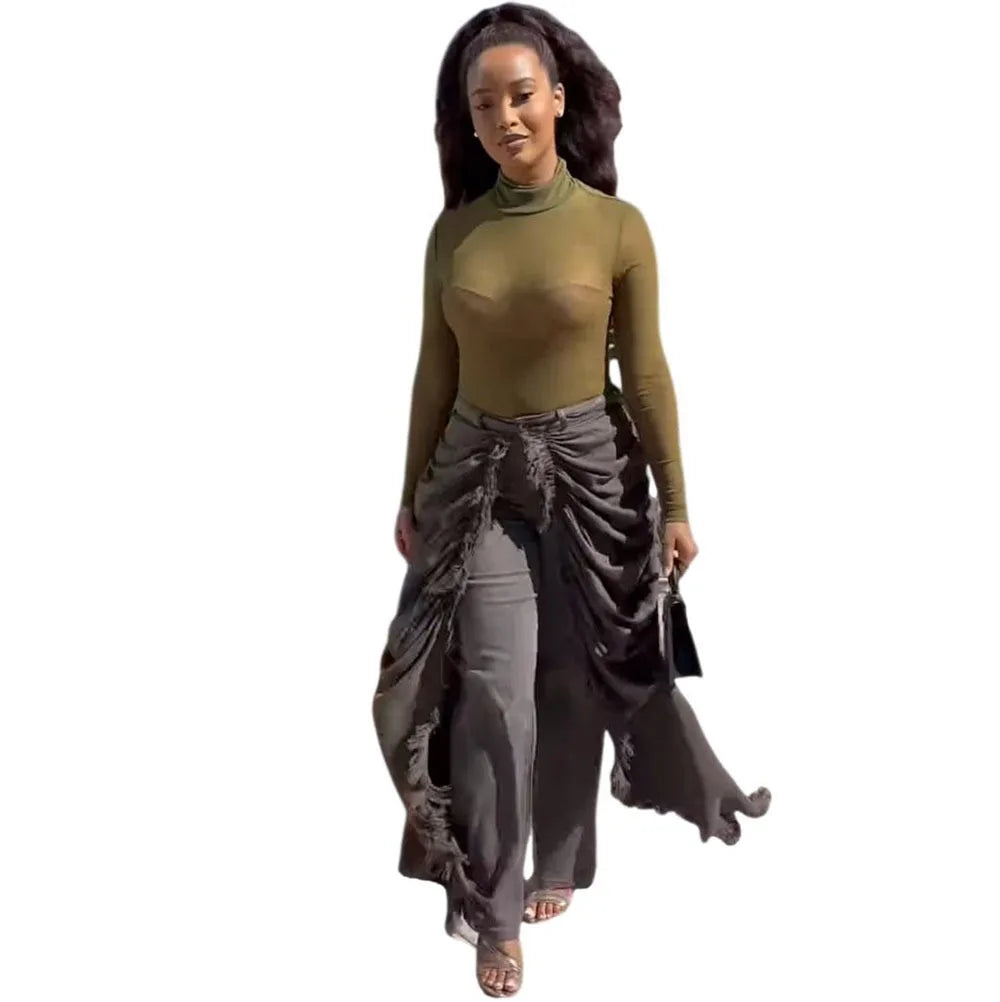 Washed Patchwork Denim Straight Pleated Pants For Women