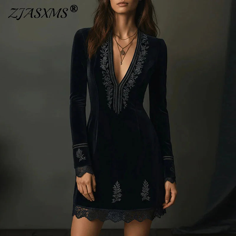 Sexy Deep V Neck Hollow Slim Mini Dress Woman Floral Print Patchwork Lace Party Dress Autumn New Long Sleeve Back Zip Boho Dress