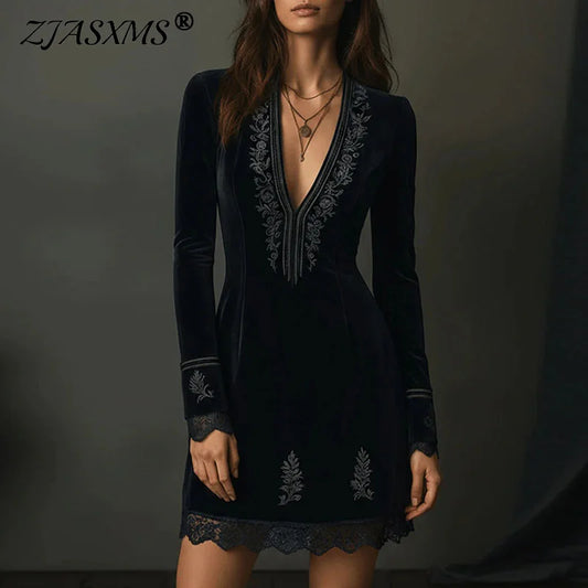 Sexy Deep V Neck Hollow Slim Mini Dress Woman Floral Print Patchwork Lace Party Dress Autumn New Long Sleeve Back Zip Boho Dress