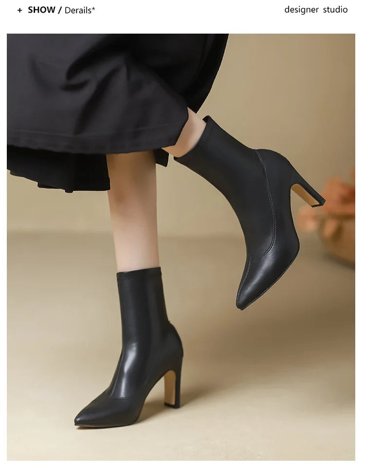 Pointed Leather High Heel Ankle Boots
