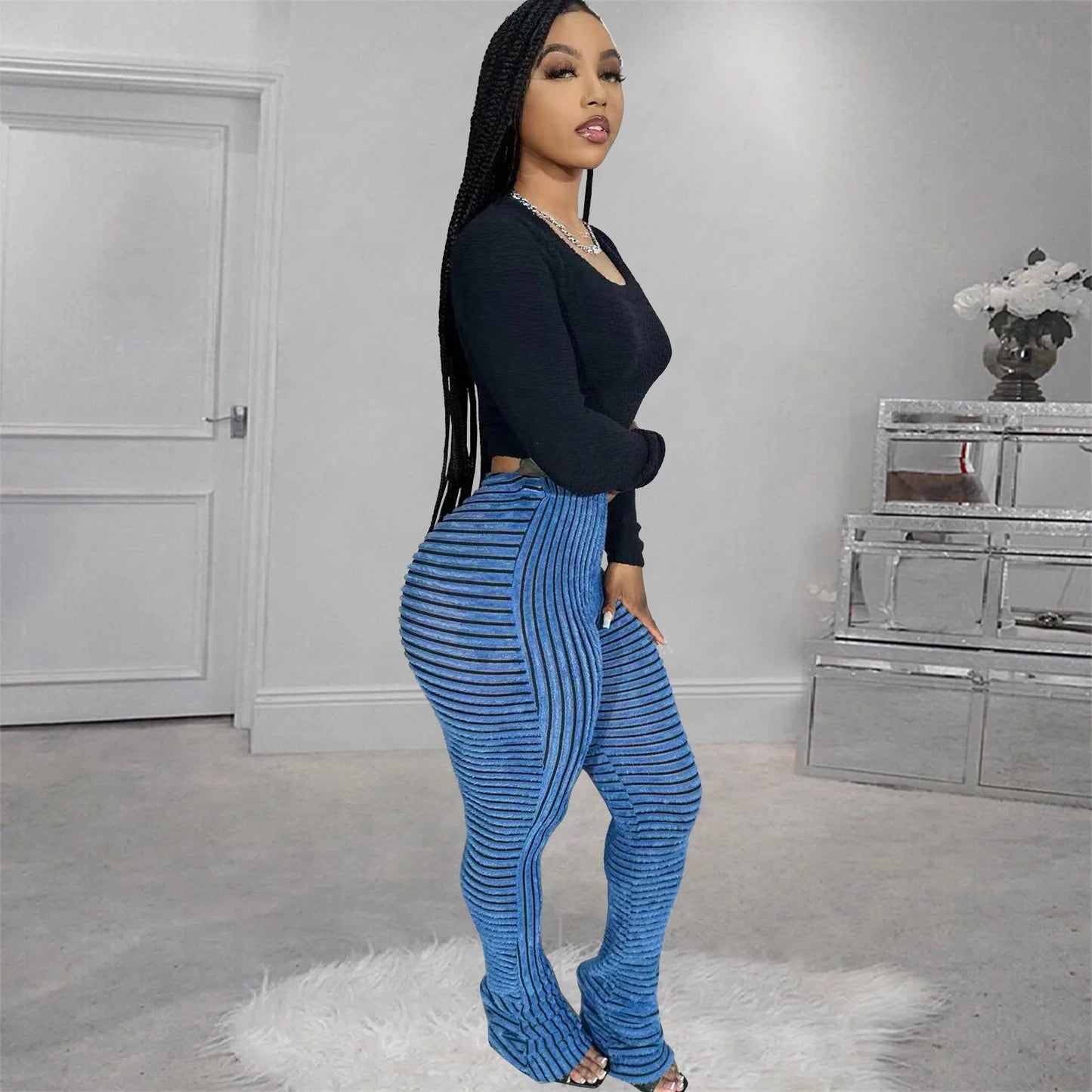 FAGADOER Stripe Plush Stacked Pants Women Casual Solid Color Fur Patchwork Flare Trousers Y2K Female Streetwear Bottoms 2025 New