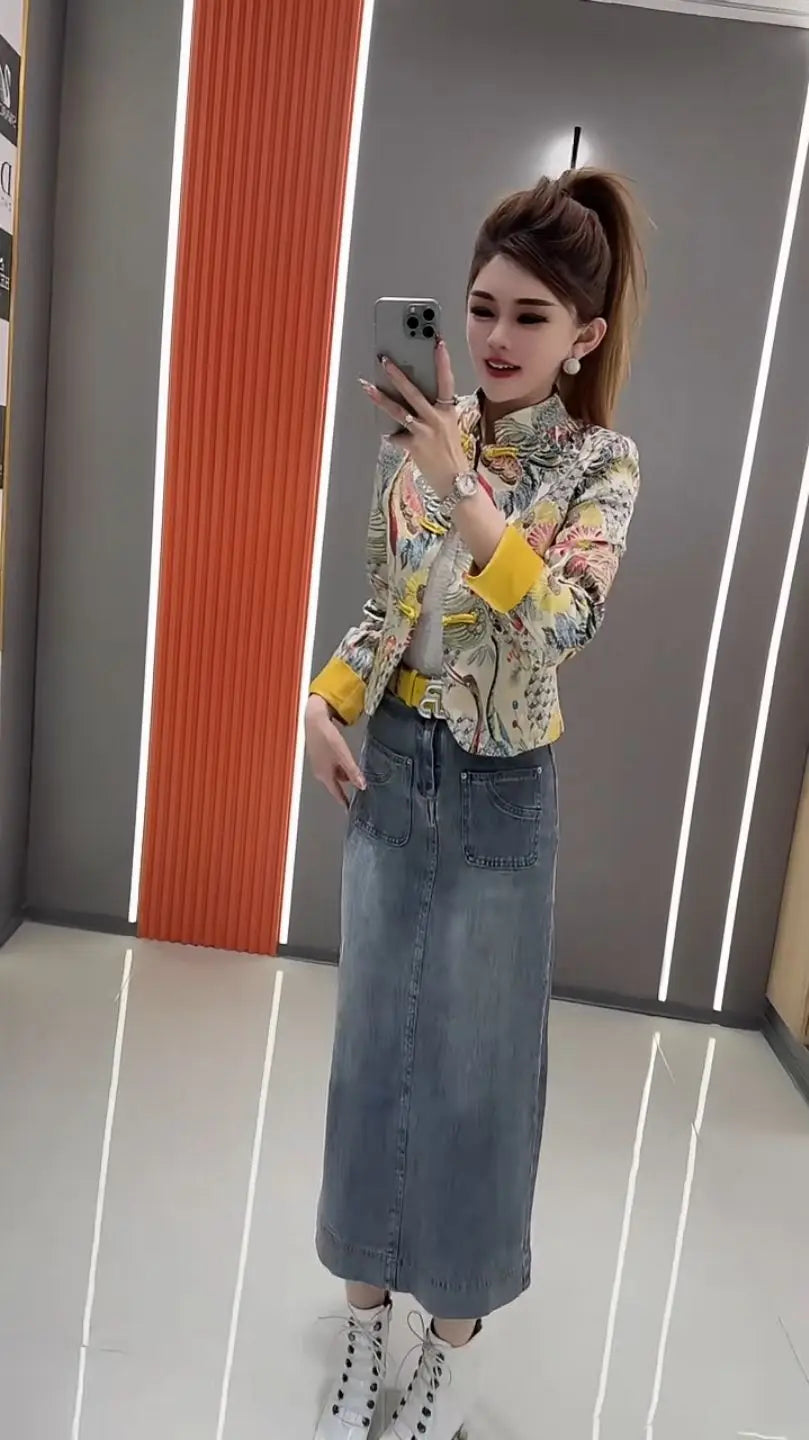 Women Print Coat 2025 Spring New Retro Chinese Printed Splicing Plate Buckle Stand Collar Long Sleeve Short Jacket Women