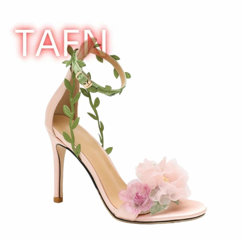 Floral Ankle Strap Open Toe Stiletto Sandals for Women
