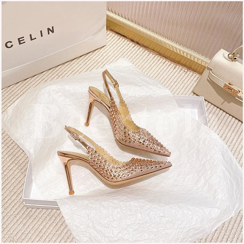 New Rhinestones Woman Sandals Diamond Pointed Toe Shallow Thin High Heels Back Strap Stilettos Female Wedding Bride Sandals