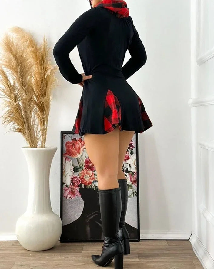 Mini Dresses for Women New Fashion Plaid Pattern Funnel Neck Long Sleeve Casual Temperament Elegant 2024 Autumn  A Line Dress