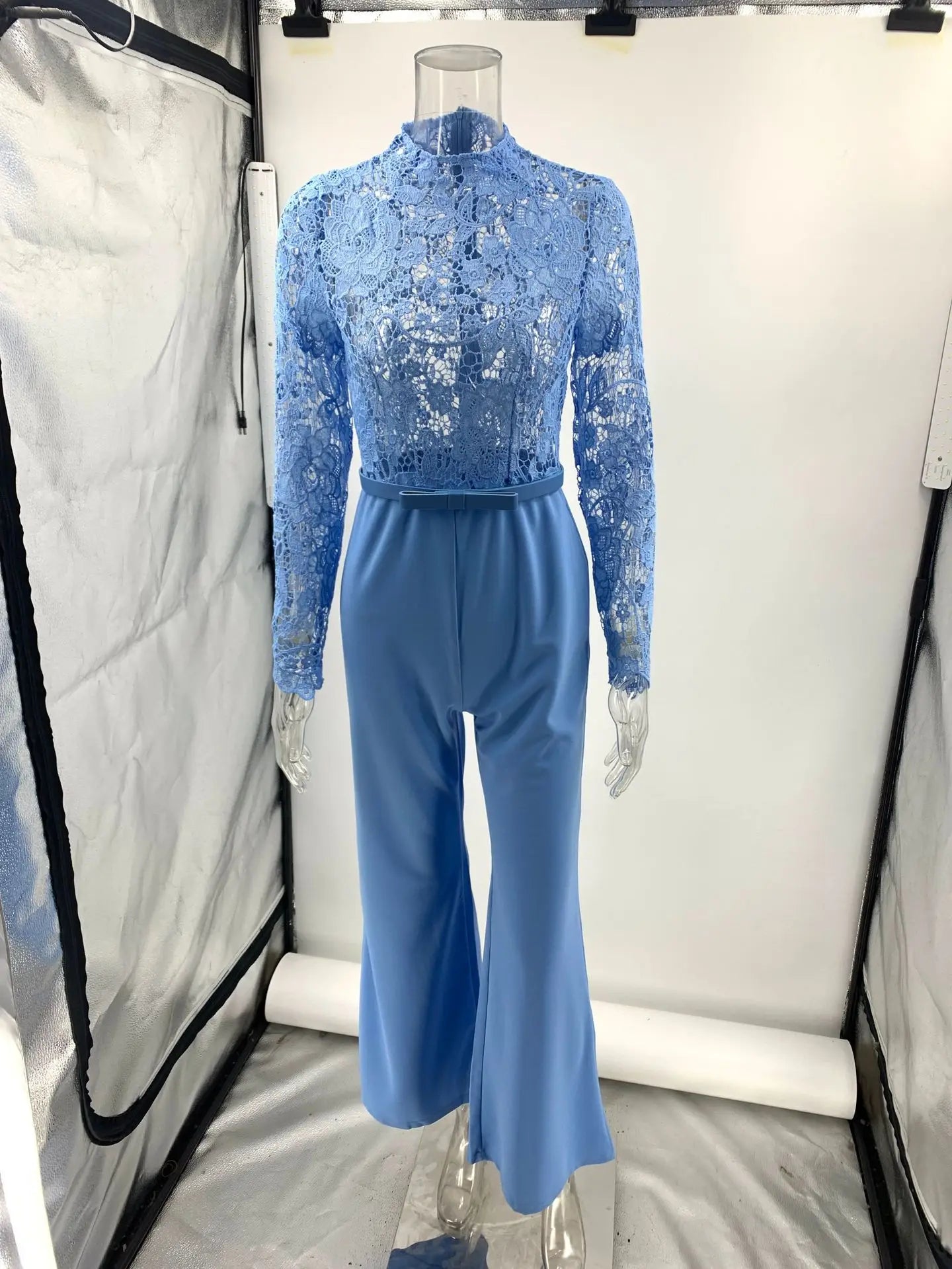 Embroidery Lace Blue Jumpsuits Women Sexy Slim Long-sleeved Belt High Waist Jumpsuit Female 2025 Casual Lady Party Jumpsuits