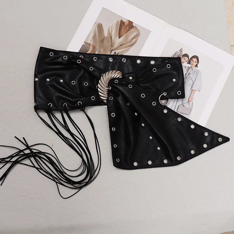 [EAM] Pu Leather Coffee Tassels Irregular Long Wide Belt Personality Women New Fashion Tide All-match Spring Autumn 2025 1DH8694