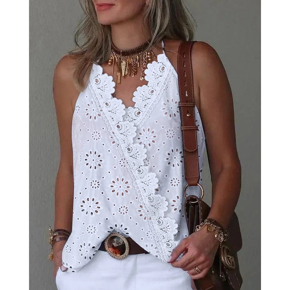 Women's Floral Hollow Out Spaghetti Strap Contrast Lace Casual Tank Top Summer Women Fashion Sexy White Halter Cami Tees Shirts
