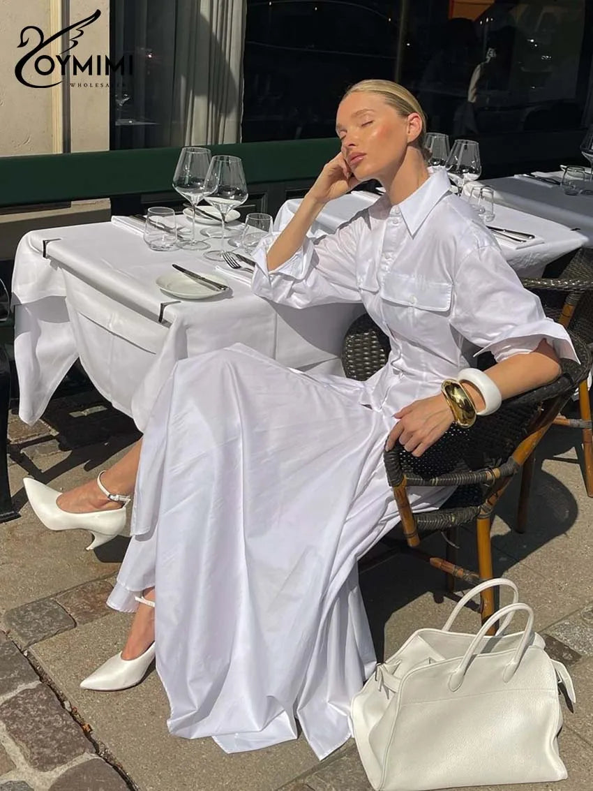 Oymimi Elegant White Lapel Women's Dress Fashion Three Quarter Sleeve Pockets Dresses Casual Button Pleated Ankle-Length Dresses