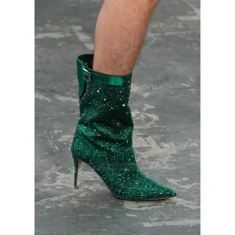 Green Rhinestone Buckle Pointed Toe Boots With High Heels For Women