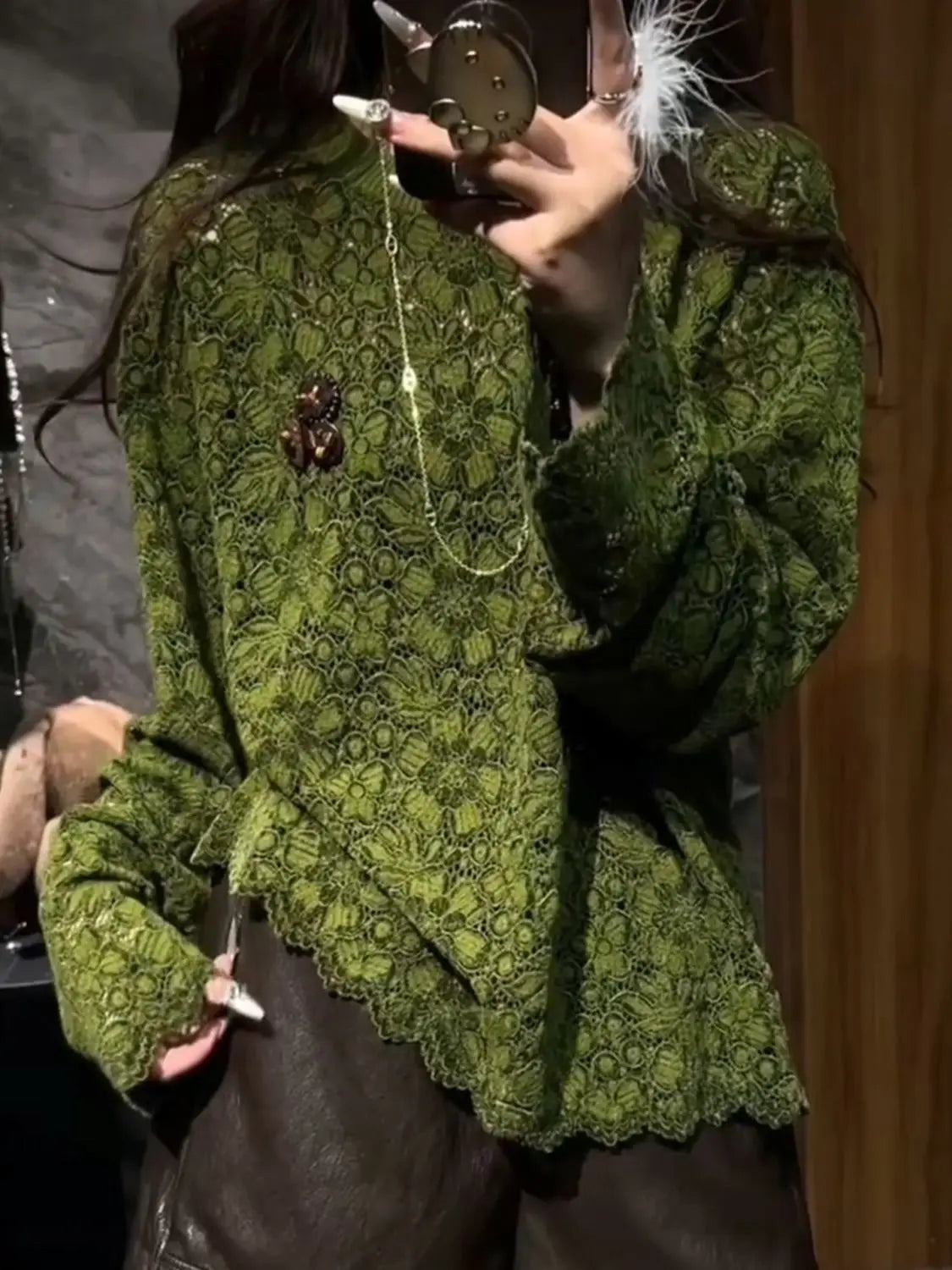 Exquisite Green Lace Crochet Hollow Out Top For Women