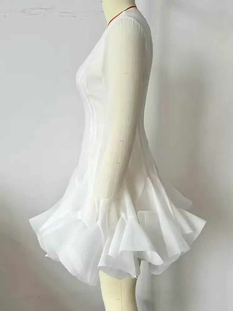 French Style Ruffle Hem Flare Sleeve Mini Dress for Women