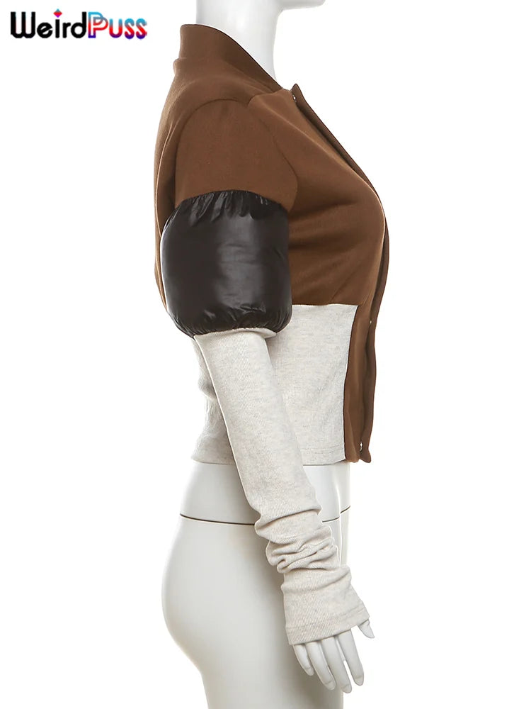 Casual Patchwork Zip Up Long Sleeve Jacket for Women