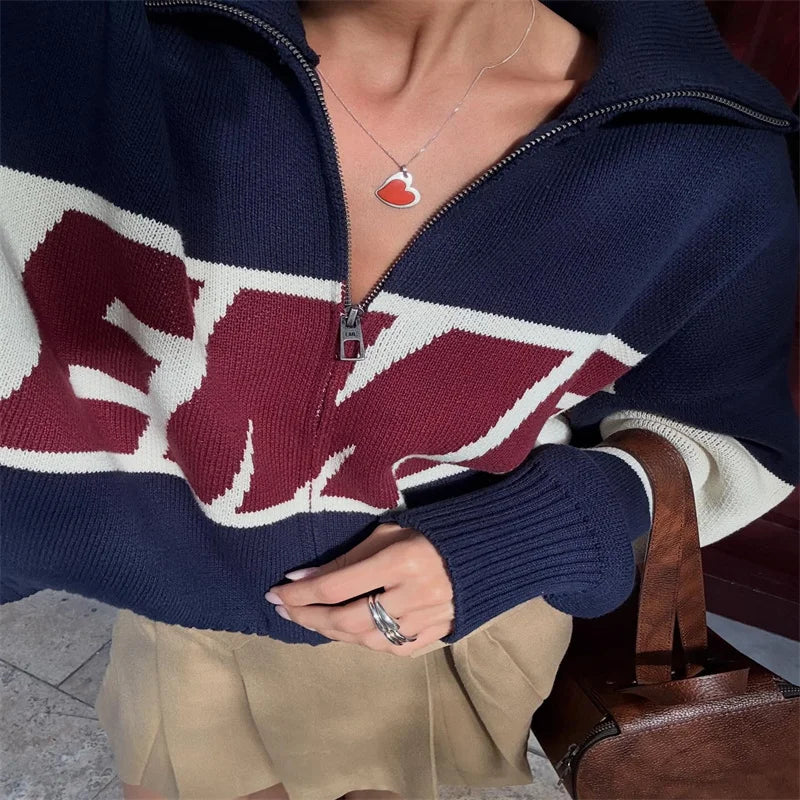 Letter Women 's Sweater Stand Collar Y2k Knit Sweaters For Woman Zipper Full Sleeve Tops Female 2025 Winter Men Jacket Knitwear