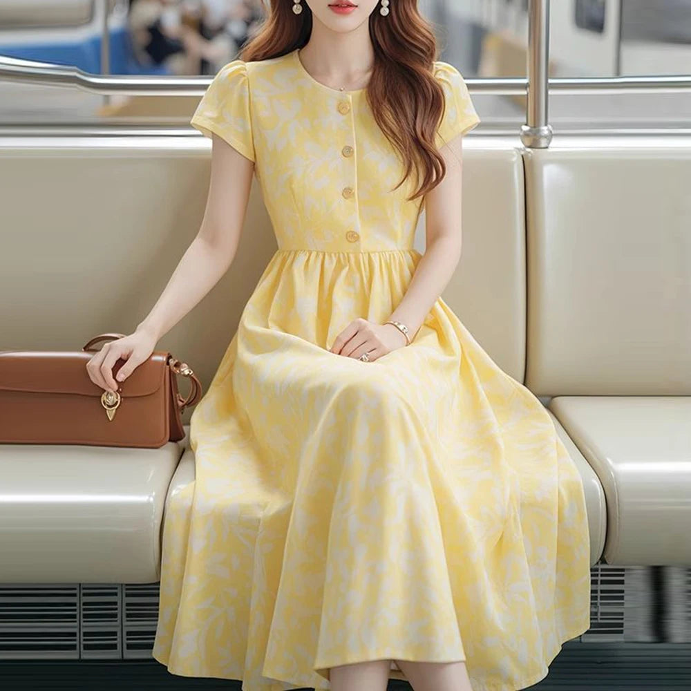 Lightweight Yellow Print Midi Dress With Cinched Waist for Women