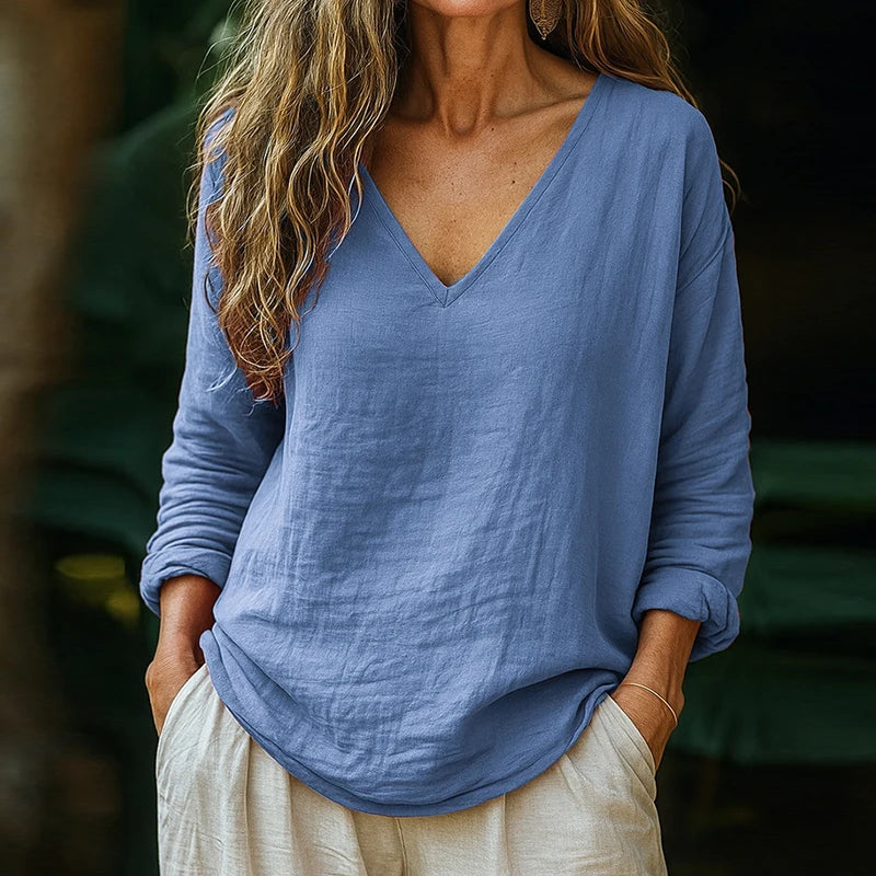 Women's Casual V Neck Pullover Blouse Long Sleeve Patchwork Chic Top Spring Autumn Solid Loose Simple Ladies Shirts Fashion 2025