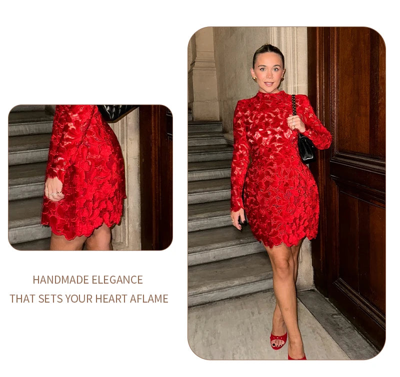 Retro Glamour Red Lace Waist-Cinched Mini Dress for Women