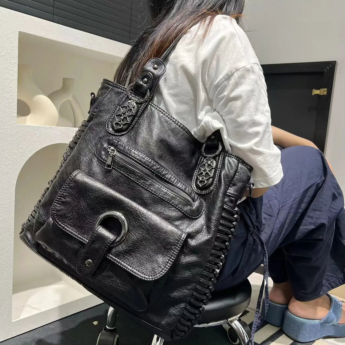 Distressed Vegan Leather Shoulder Tote Bag for Women