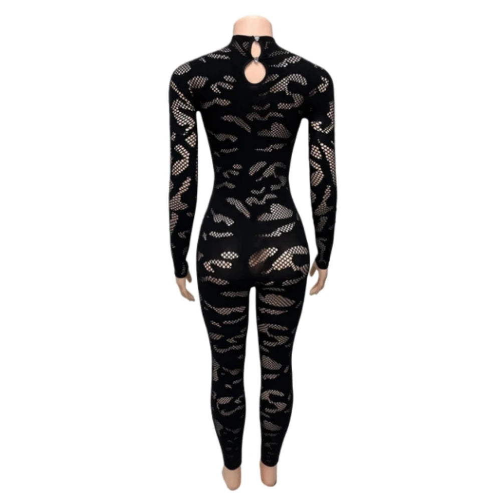 Lace See Through Round Neck Long Sleeve Bodycon One Piece for Women