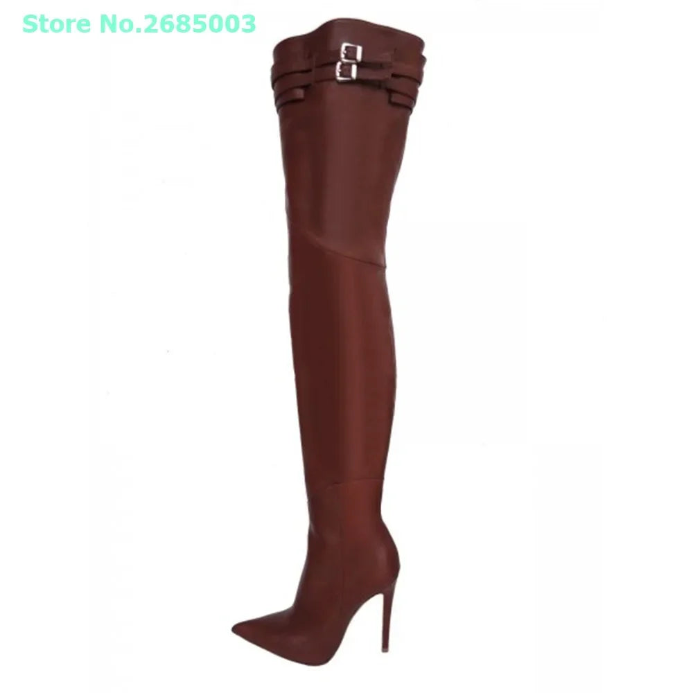 Pointed Toe Solid Leather Over The Knee Boots For Women