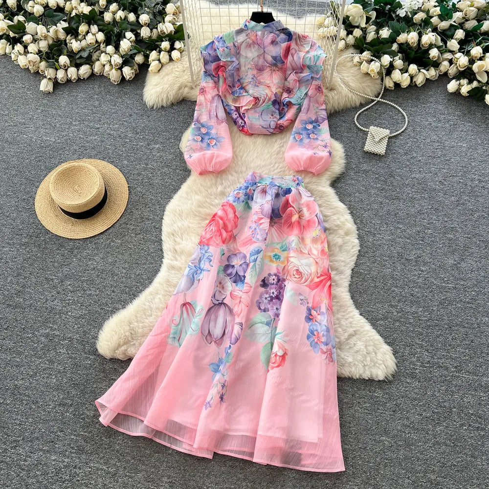 Floral Two Piece Skirt Set With Long Sleeves for Women