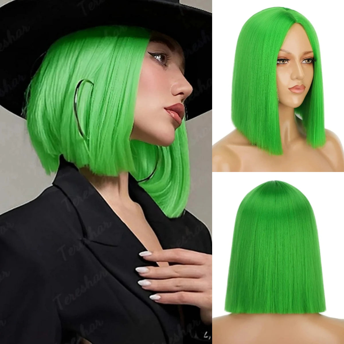Green Synthetic Bob Wig for Women Heat Resistant Fiber
