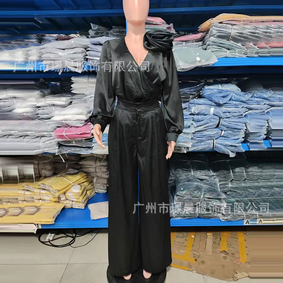 Pant Set Women Two Piece Sets V Neck Matching Sets Floral Slim Fit Tops Wide Leg Long Pants High Waist Y2k Elegant Retro 2025