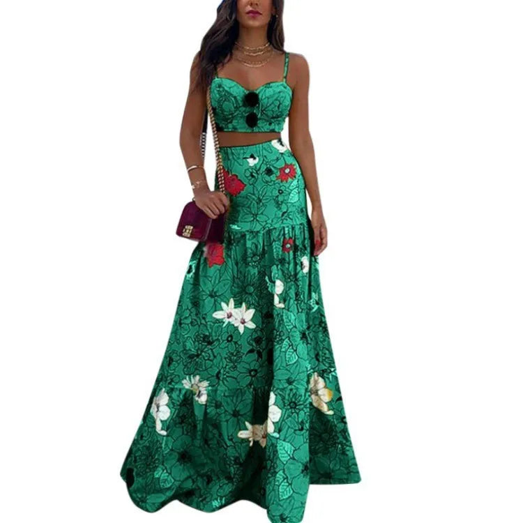 2 Pcs/Set Beach Crop Top Skirt Set Colorful Print Rich Colors Spaghetti Strap Floor Length Sleeveless Lady Tank Top Skirt Suit