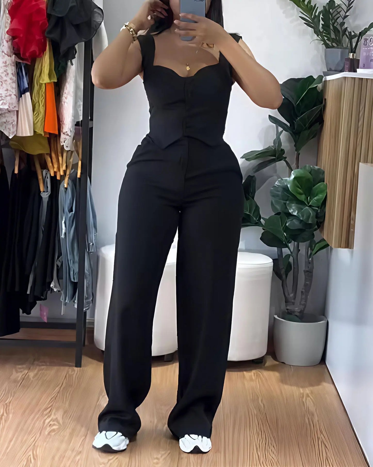 Elegant Solid Color Strapless Suspender Vest Trousers Two-Piece Set for Women