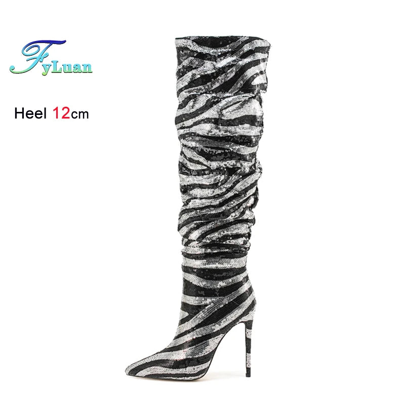 Sequined Pointed Toe Knee High Heeled Boots for Women