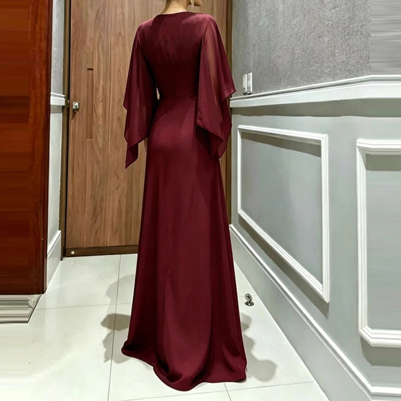 Elegant O-neck Cover Up Playsuit Match Off Shoulder Romper Women Fashion Chiffon Overalls Long Sleeve Solid Wide Legger Jumpsuit