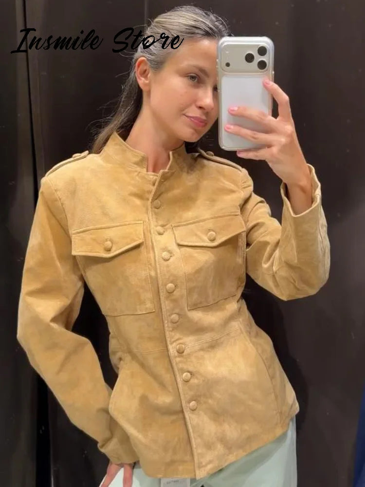 Vintage Stand Collar Single Breasted Military Coat For Women