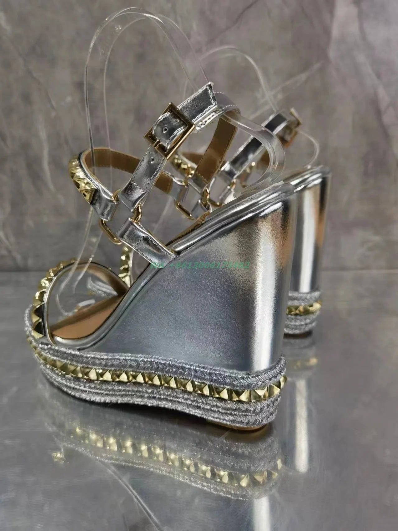 Design Women Summer Silver High Wedge Sandal Open Toe Gold Rivets Wedge Heel High Platform Slingback Buckle Strap Silver Sandal
