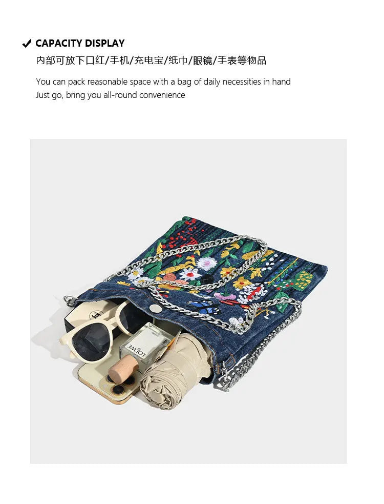 Embroidered Floral with Chain Shoulder Bag for Women