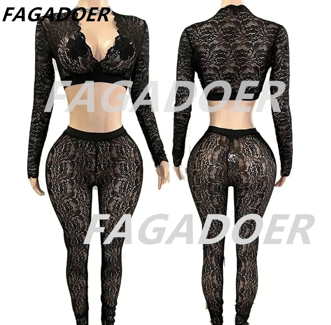 Lace Sheer Two Piece Set With Deep V Crop Tops for Women