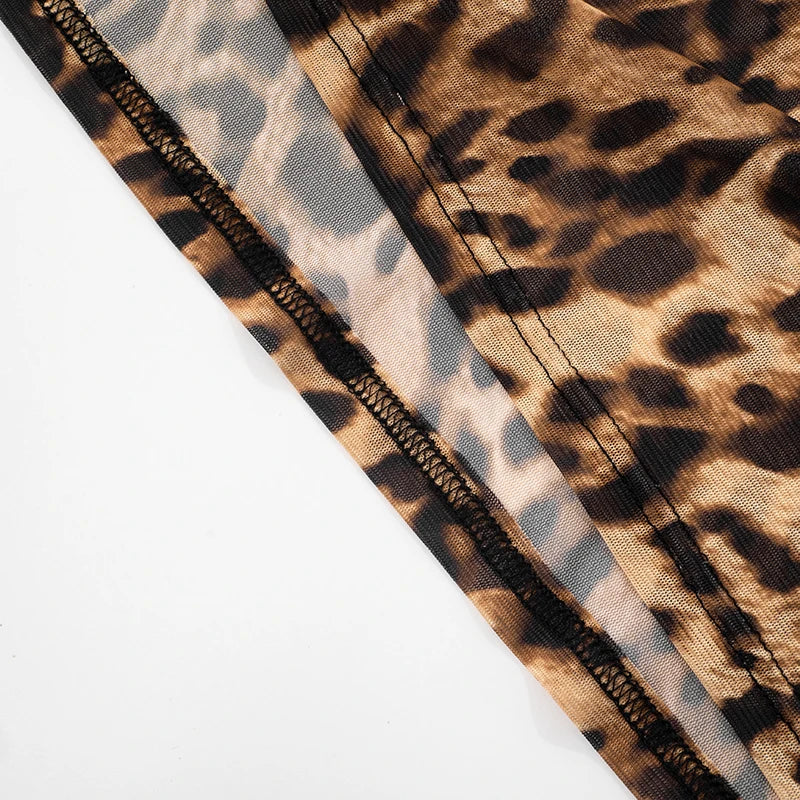 Weird Puss Mesh Patchwork Mermaid Dress Women Leopard Print Sexy Low-Neck Cleavage Backless Ruched Midnight Fashion Long Bodycon